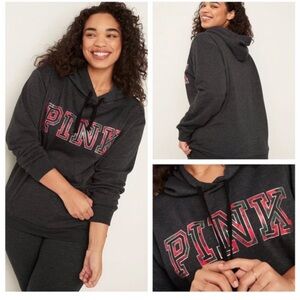 PINK Victoria's Secret Charcoal Campus Hoodie with Red plaid Christmas Pink Logo